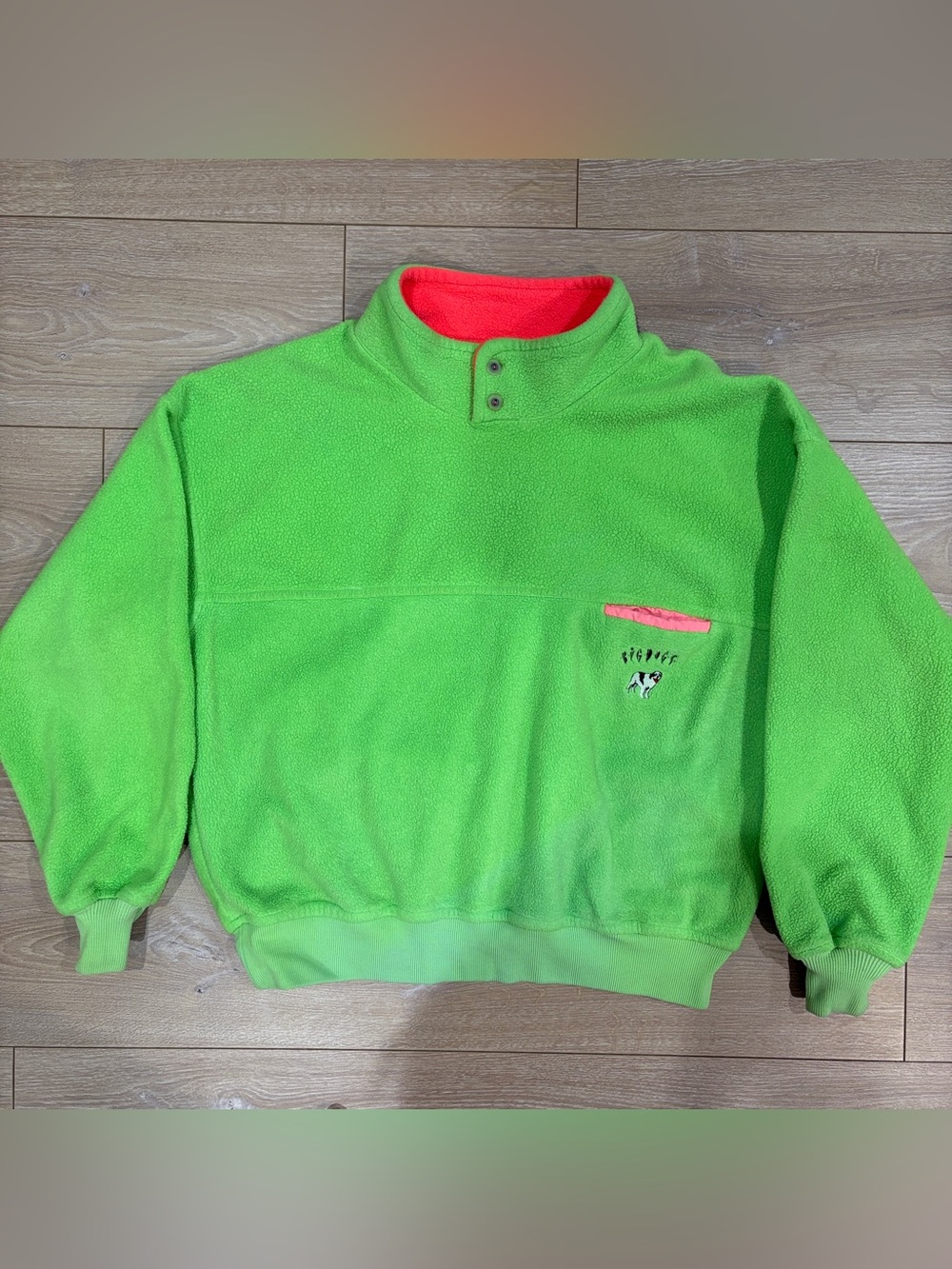 Vintage 90s Big Dogs Neon Lime Green Fleece Snap Pullover XL